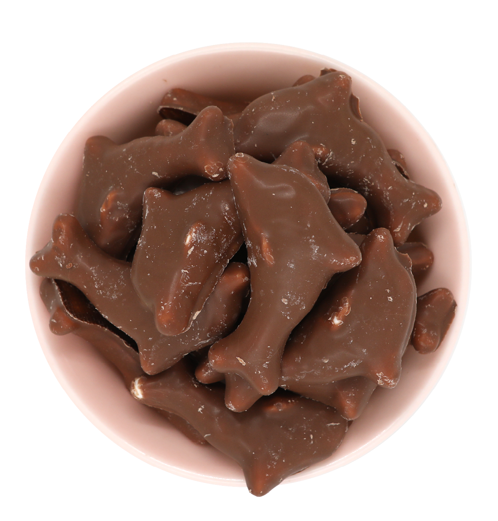 Chokoladedelfiner fra Candynavia  skum delfiner med chokolade overtræk slik bland hurtig leveringselv slik online 