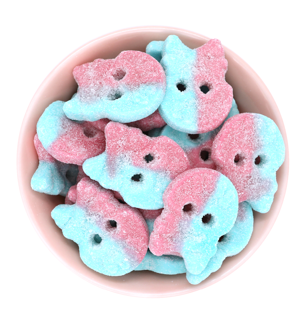 Dizzy Skulls blåt og lyserødt kranie med dejlig bubblegum smag fra BUBS vegansk slik bland selv slik online hurtig levering